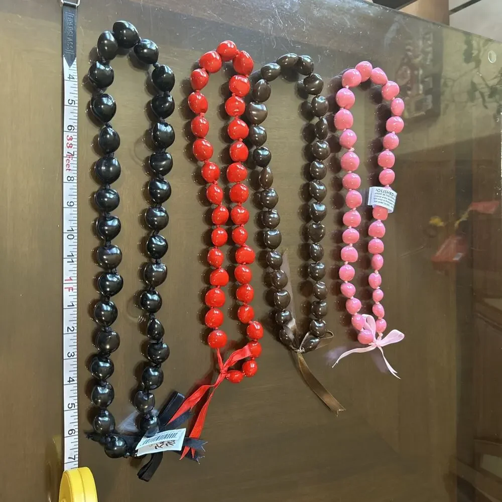 Black, Red, Pink & Brown Kukui Nut Lot Hawaiian Lei Necklace Ribbon Tie